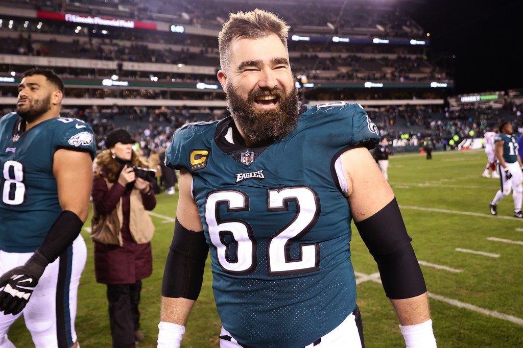 Jason Kelce of the Philadelphia Eagles celebrating their 38-7 victory over the New York Giants.