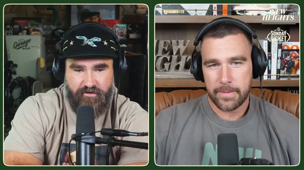 Collage of two images, with Jason Kelce on the left in a black cap and thick beard, and Travis Kelce on the right with a trimmed beard.