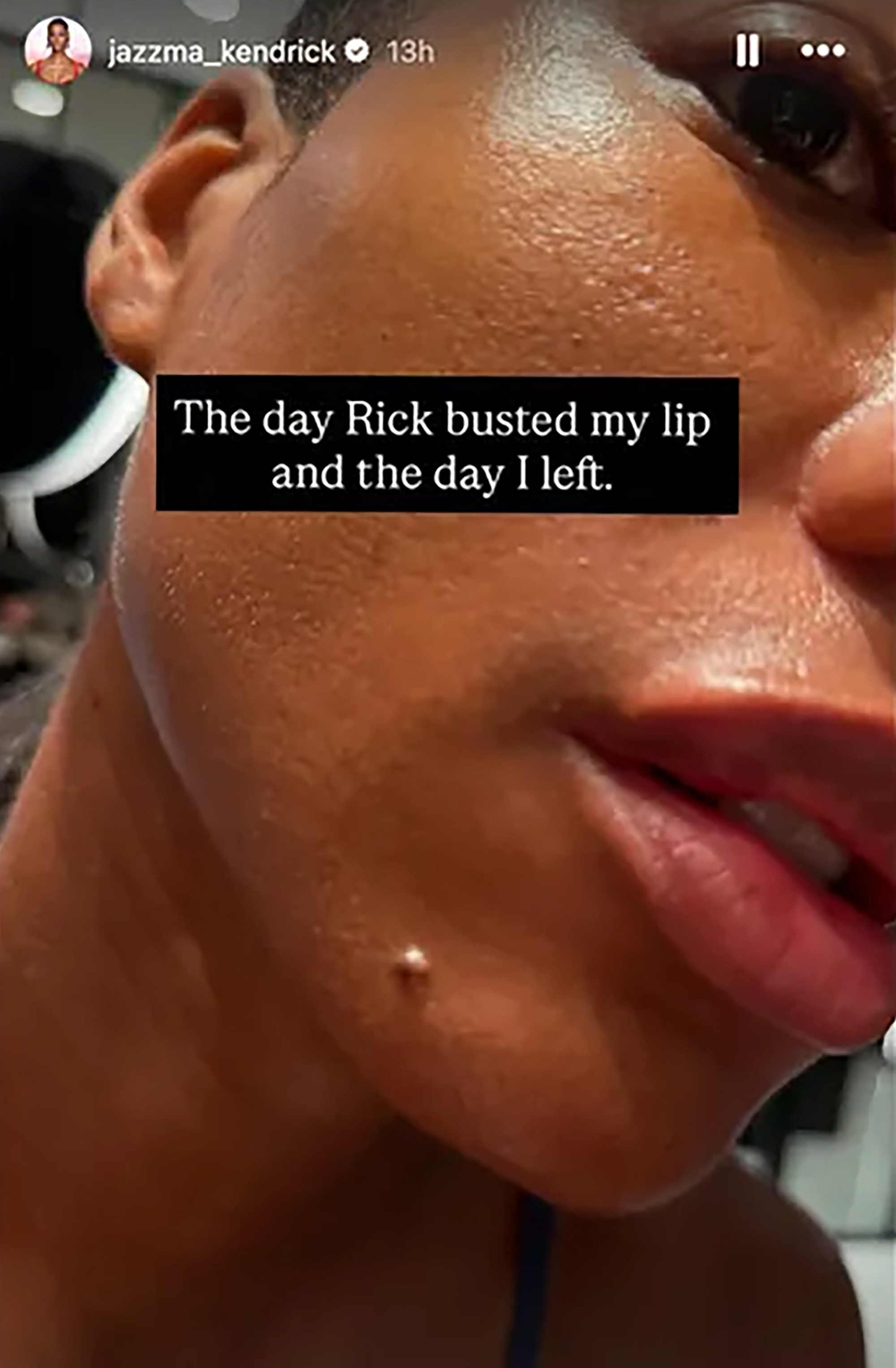 Close-up of Jazzma Kendrick's face with text overlay 