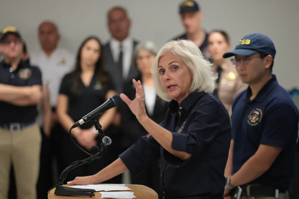 Jennifer Homendy speaking at a press conference about the Amazon cargo plane crash.