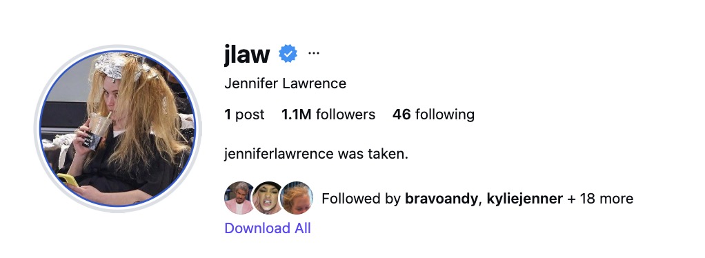Jennifer Lawrence's profile picture for jlaw, an Instagram account, showing her with hair foils, drinking from a cup, and looking at her phone.