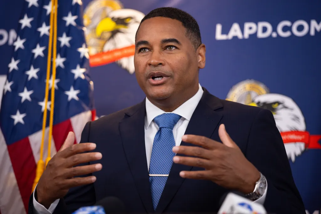 John McKinney, candidate for Los Angeles City Attorney, speaking at a press conference.