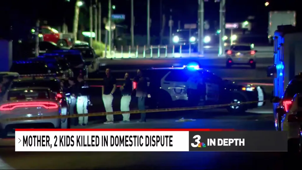 Police cars at a crime scene at night with caution tape and several officers.