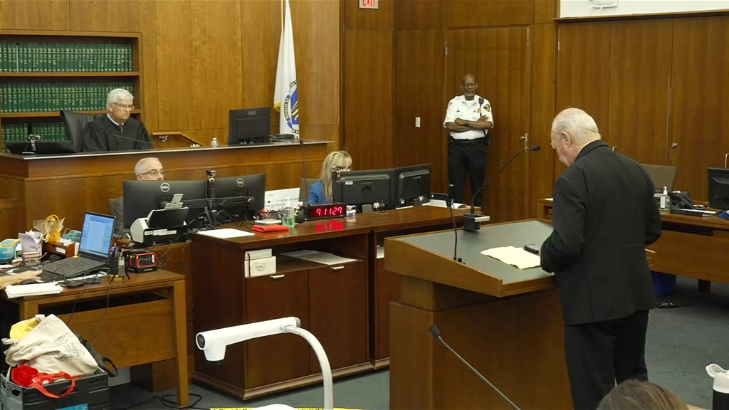 A courtroom scene with a judge, court staff, and a person speaking at a podium.