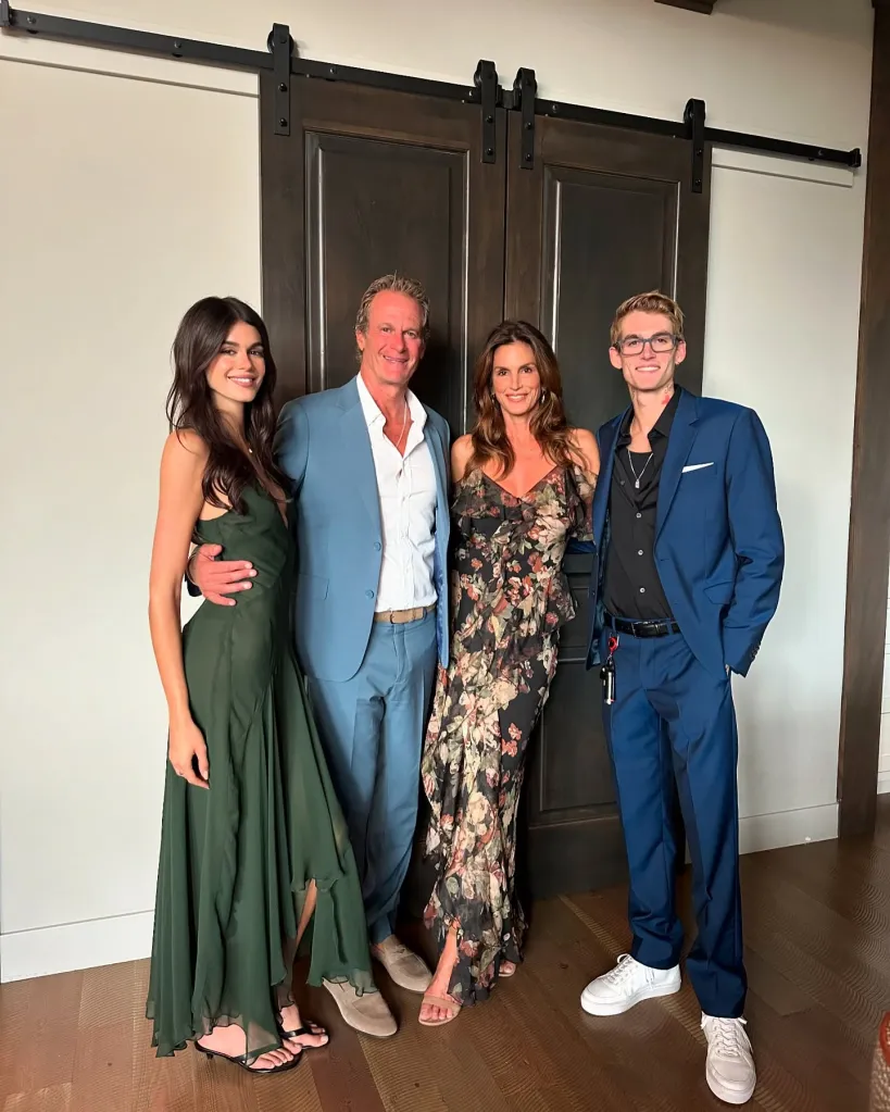Kaia and Randy Gerber, Cindy Crawford and Presley Gerber smiling for a picture.