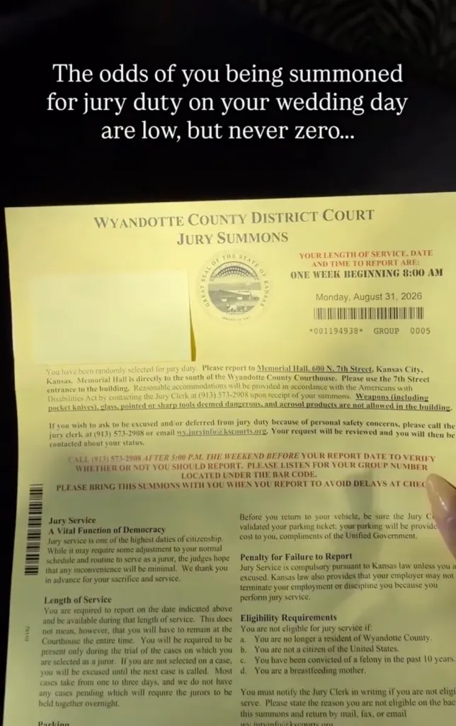 Jury duty summons for Wyandotte County District Court with a report date of Monday, August 31, 2026.