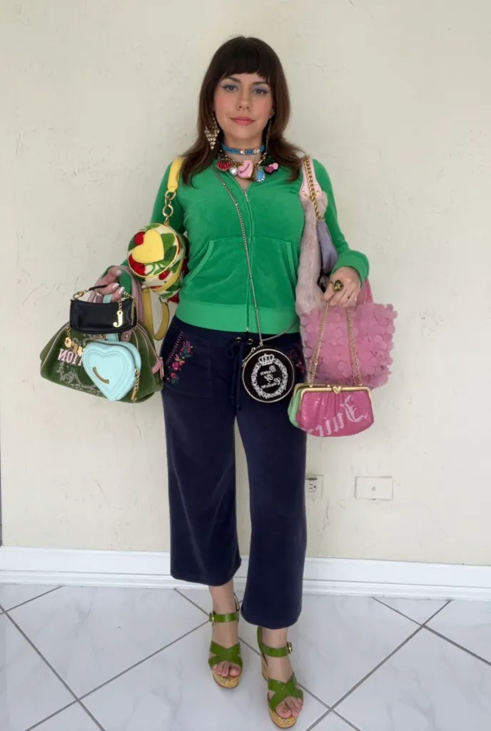 Katerina Kladis, a Juicy Couture collector, poses wearing several Juicy Couture bags, a green tracksuit top, and navy tracksuit bottoms.