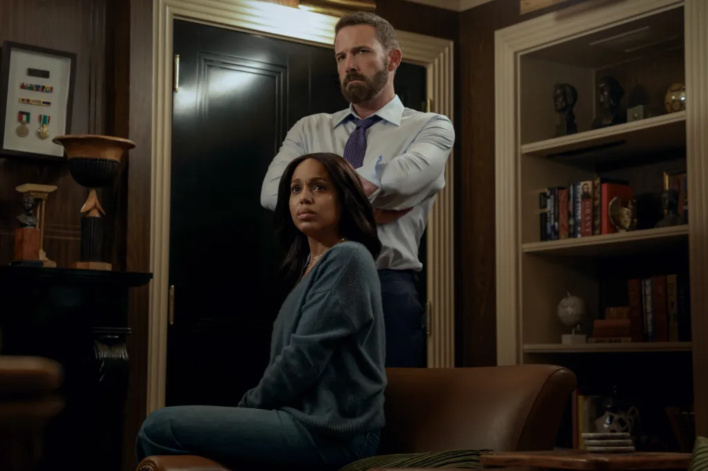 Kerry Washington as Abigail seated on a couch, with Ben Affleck as Mark standing behind her.