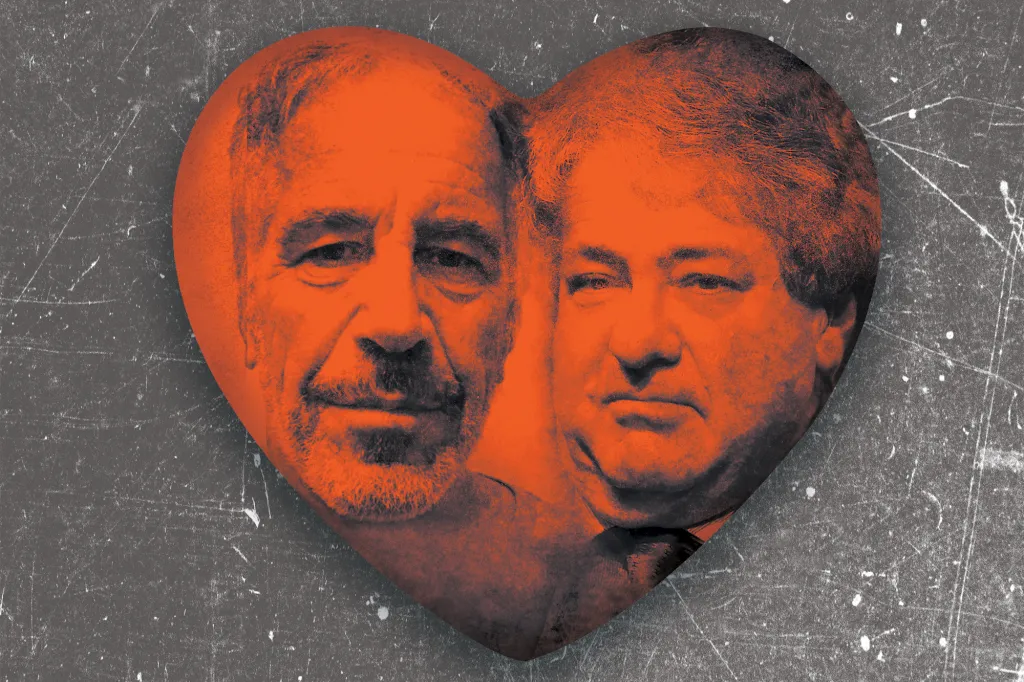 Illustration of Jeffrey Epstein and Alan Dershowitz's faces merged into a heart shape.
