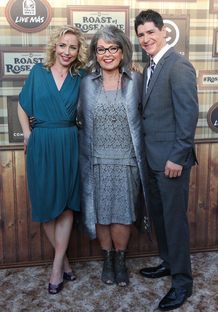 Actors Alicia Goranson, Roseanne Barr, and Michael Fishman pose at the Comedy Central Roast of Roseanne Barr event.