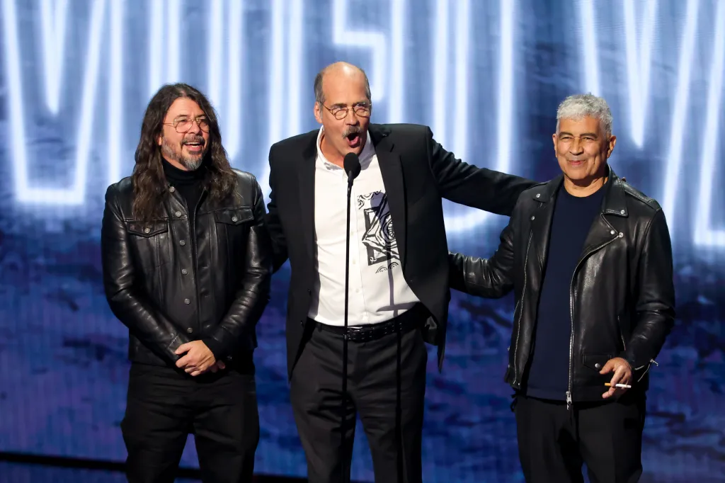 Dave Grohl, Krist Novoselic, and Pat Smear accepting the Video Vanguard Award at the 2026 MTV Video Music Awards.