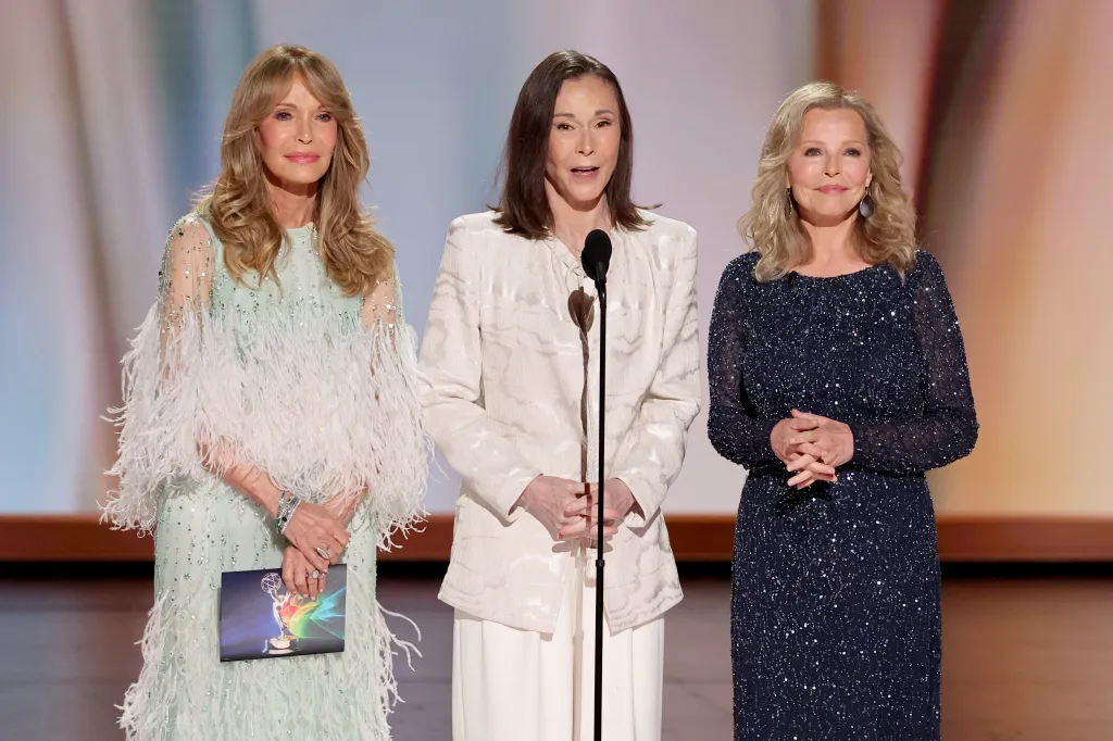 Jaclyn Smith, Kate Jackson, and Cheryl Ladd speak on stage at the 78th Primetime Emmy Awards.