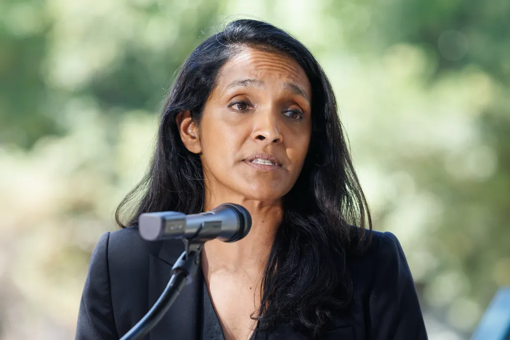 LA Mayoral candidate Nithya Raman speaks at a press conference.