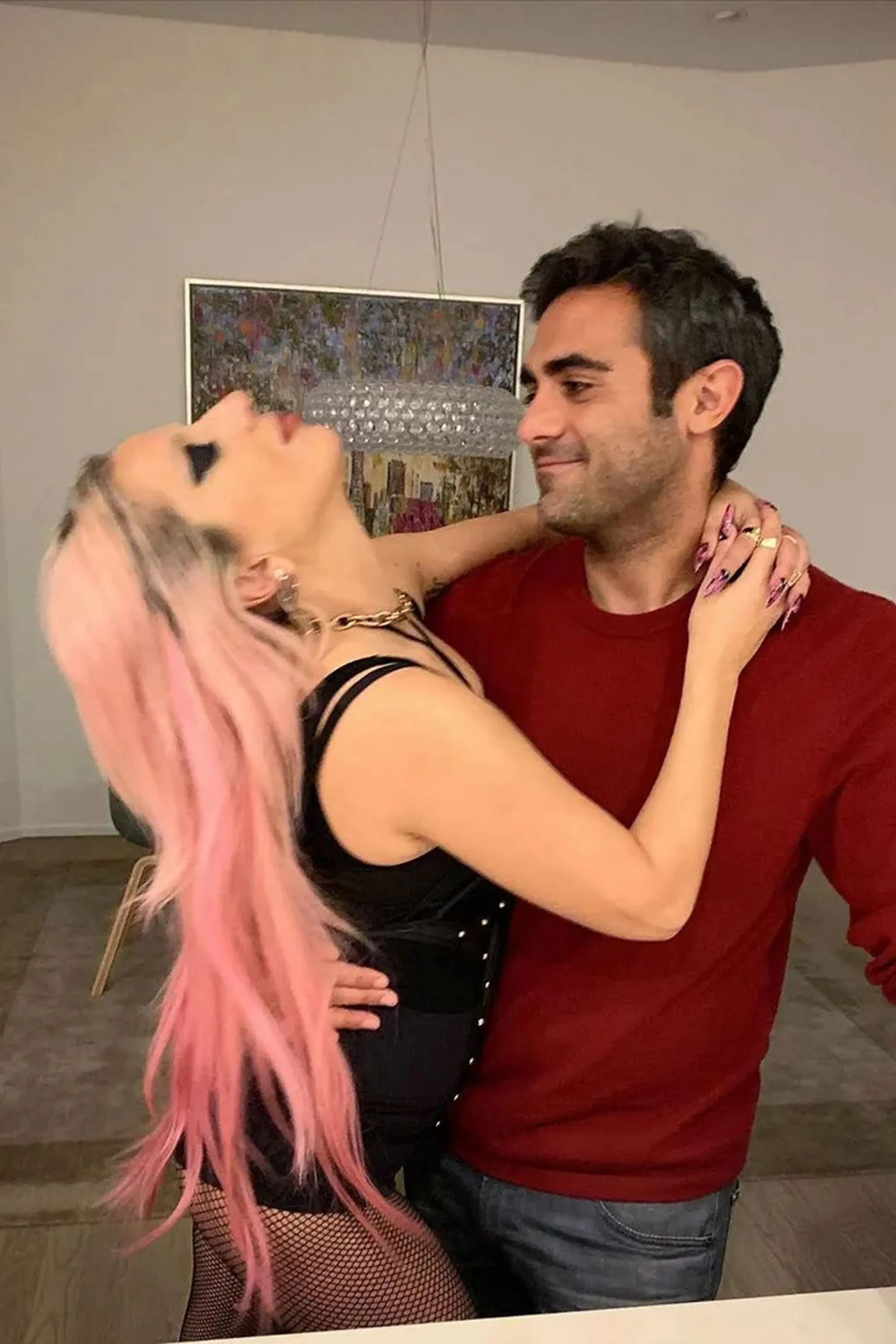 Lady Gaga with pink hair and her boyfriend Michael Polansky.