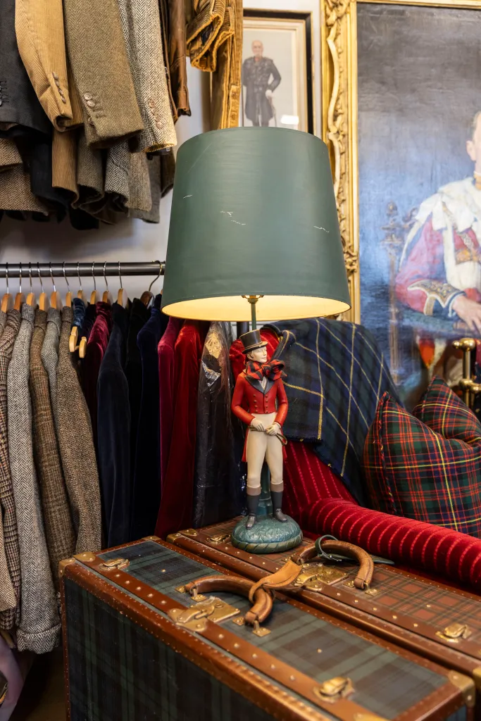 Clothes, trunks, and pillows with tartan patterns.