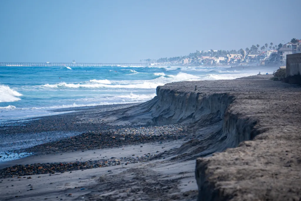 Tamarack State Beach in Carlsbad, California, has deteriorated with significant erosion along the coastline from El Niño waves.