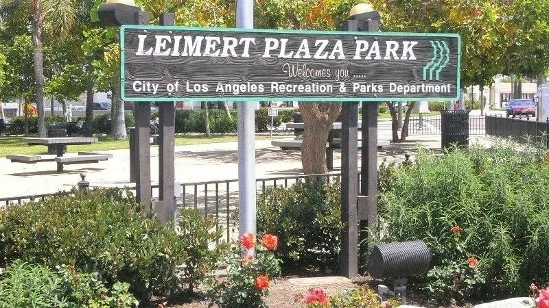 A sign for Leimert Plaza Park in South Los Angeles.