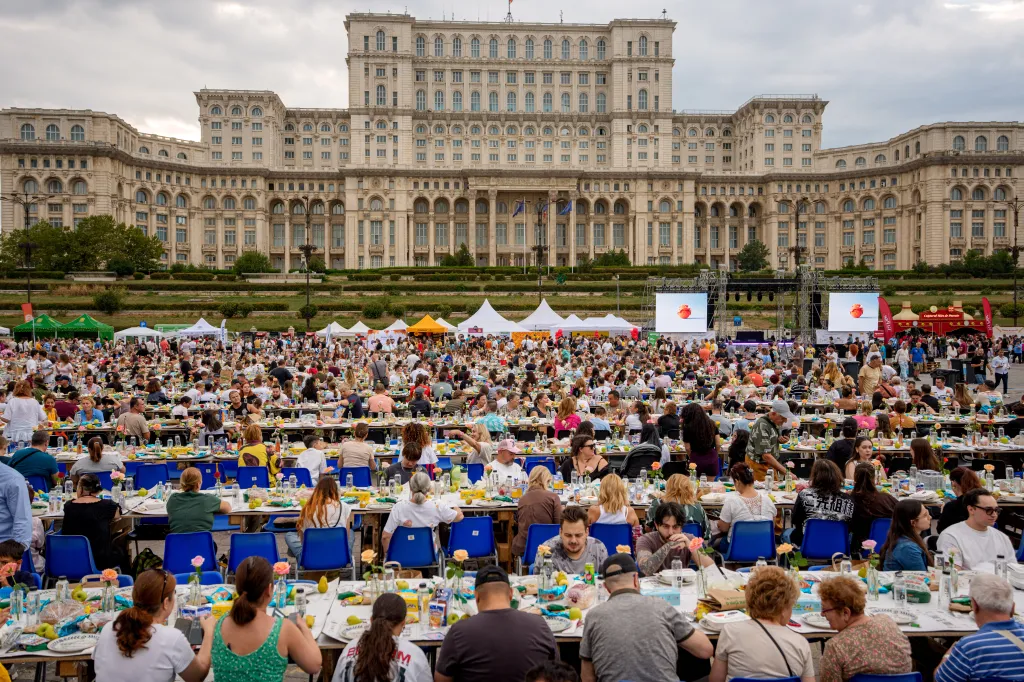 People gather at a 5-kilometer long 