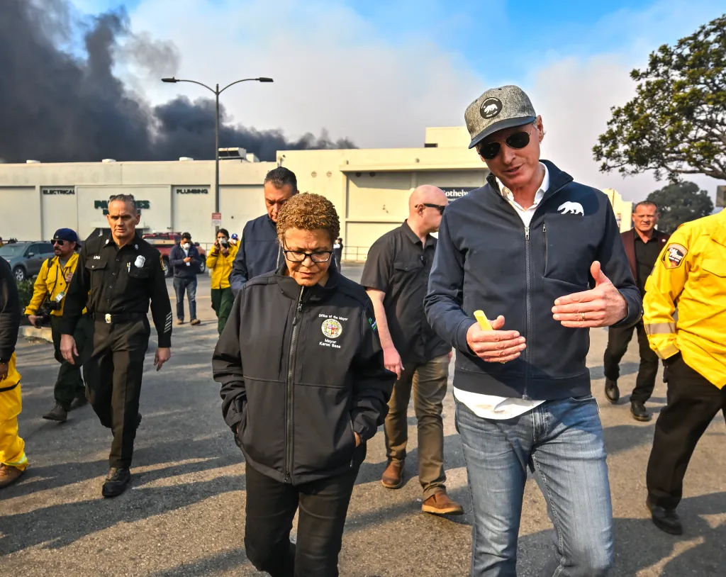 Los Angeles Mayor Karen Bass and Governor Gavin Newsom survey damage from the Palisades Fire.