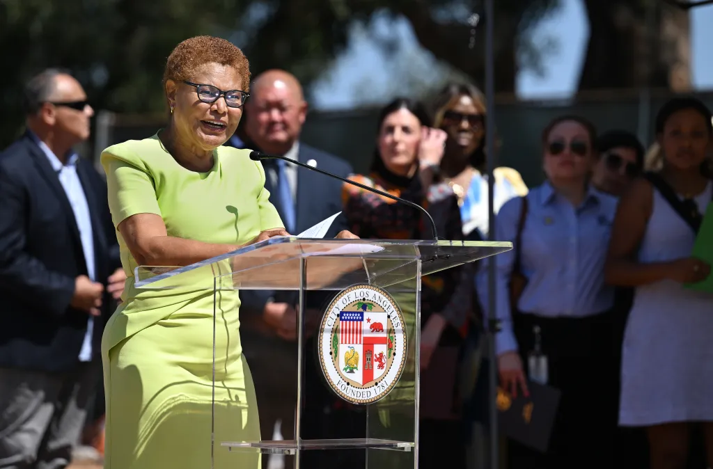 Los Angeles Mayor Karen Bass speaking at a press conference.