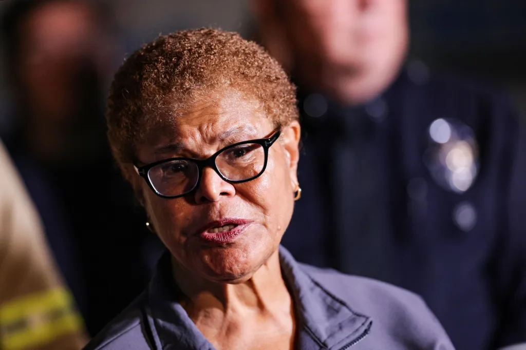 Los Angeles Mayor Karen Bass speaking at a news conference following a helicopter crash.