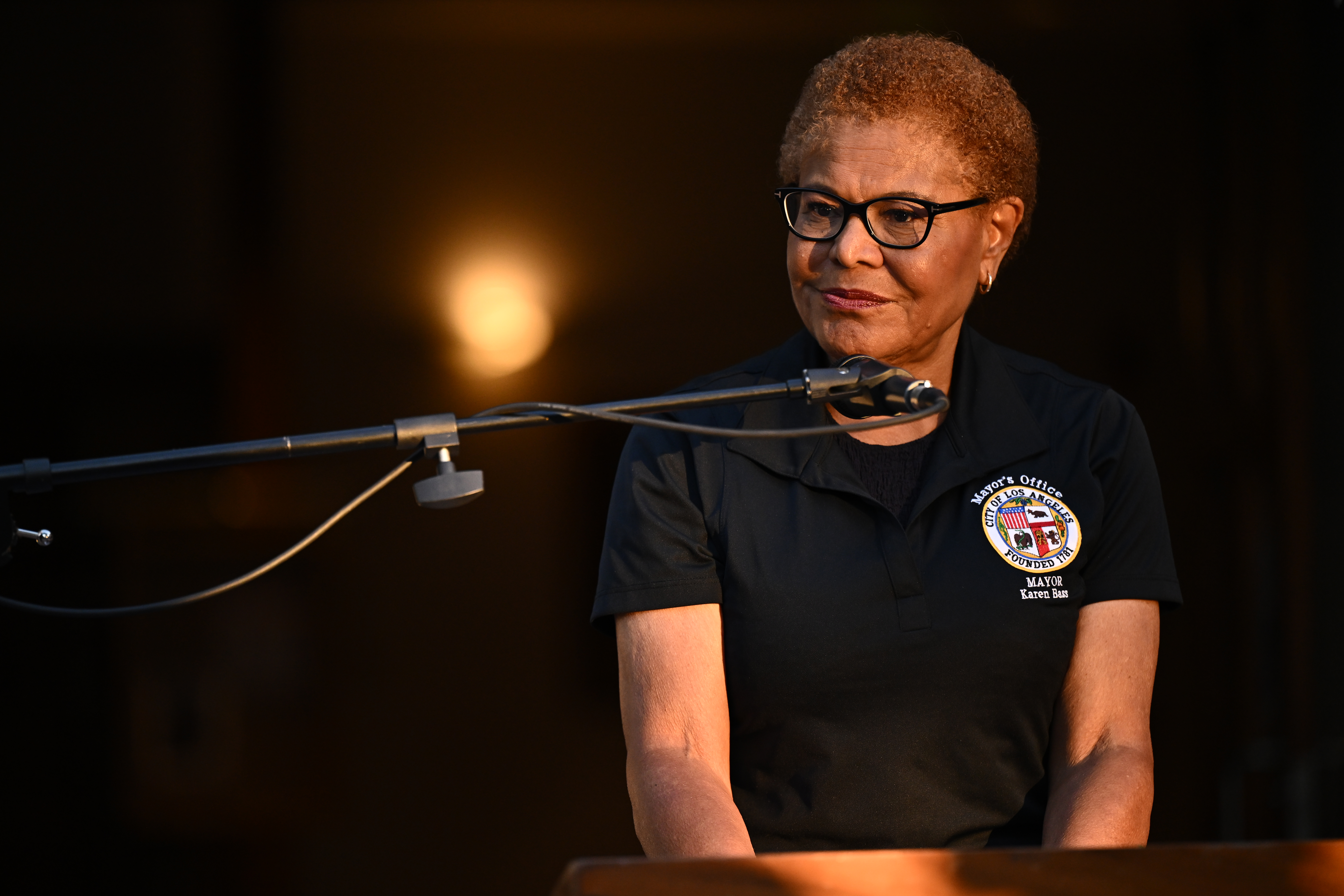 Los Angeles Mayor Karen Bass speaking at a vigil.