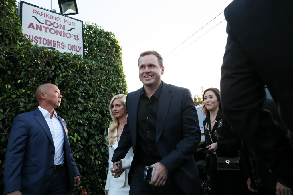 Los Angeles mayoral candidate Spencer Pratt, with his wife Heidi Montag, arrive at an election night party.