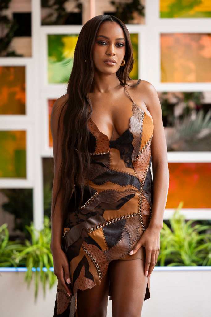 Ciara Miller in a brown patchwork dress on Love Island USA.