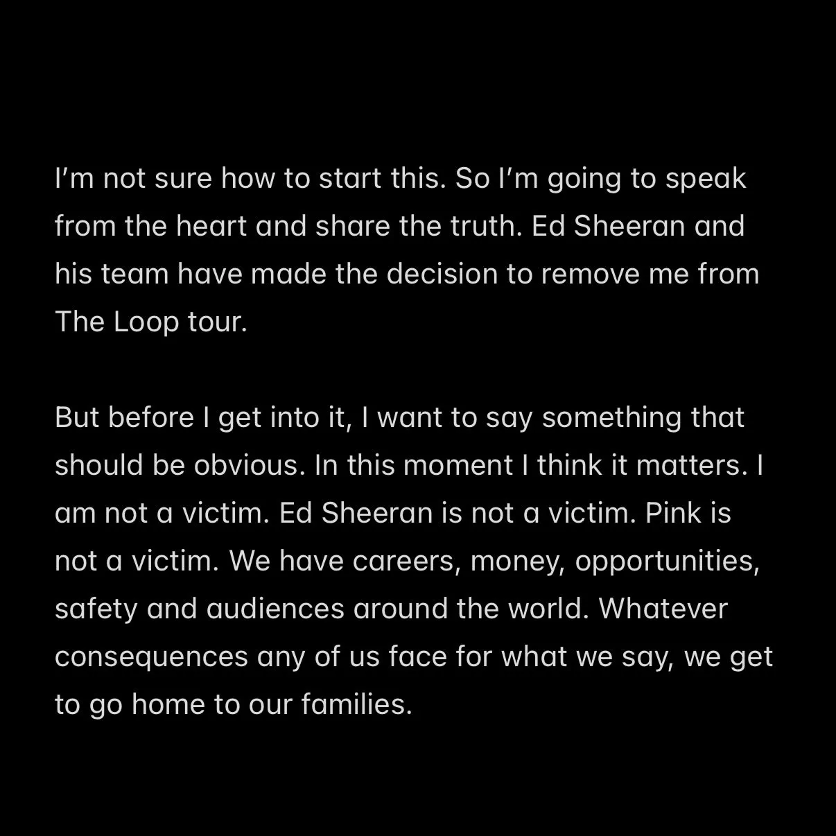 Macklemore's statement on Instagram about being removed from Ed Sheeran's 