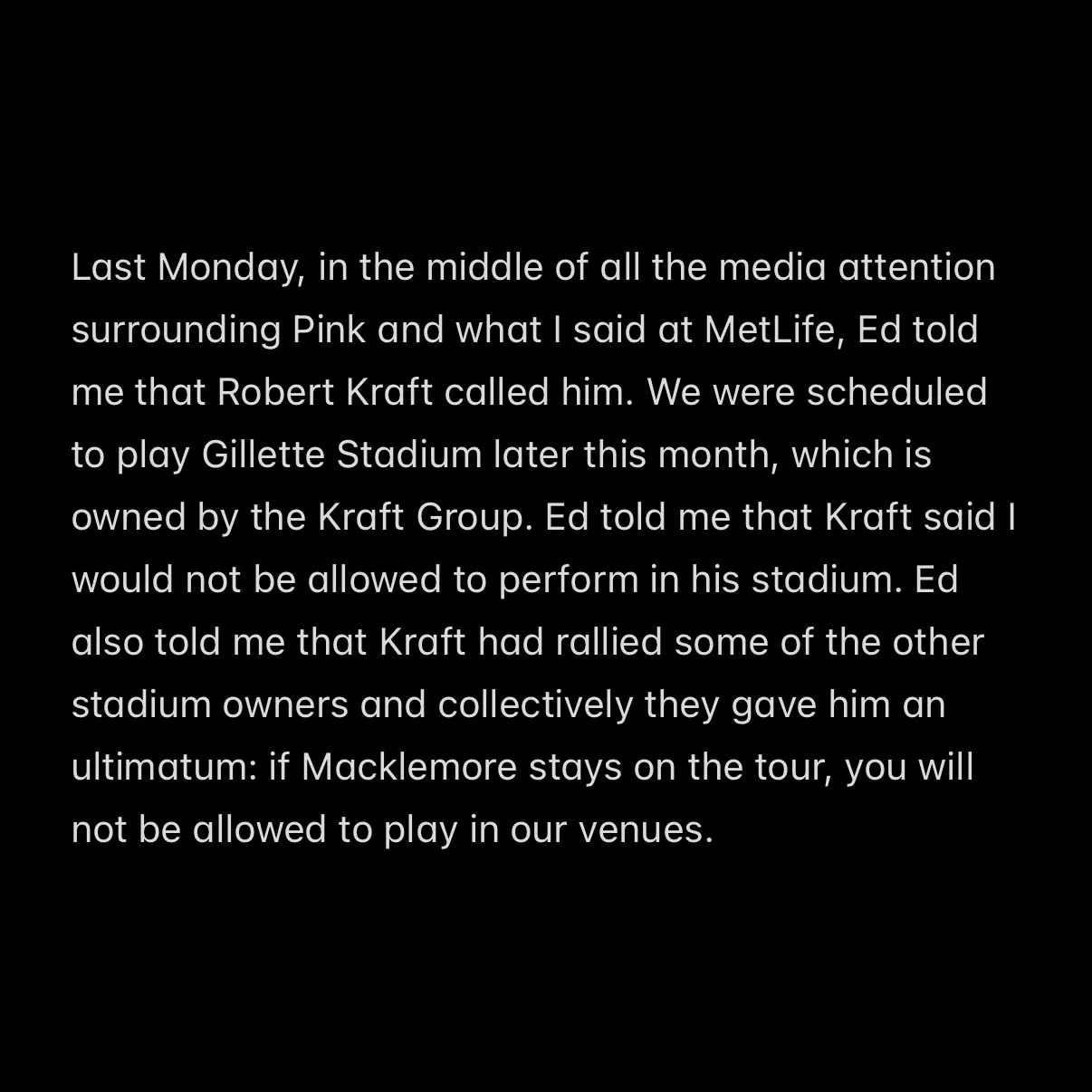 Macklemore's text message explaining his removal from Ed Sheeran's tour.