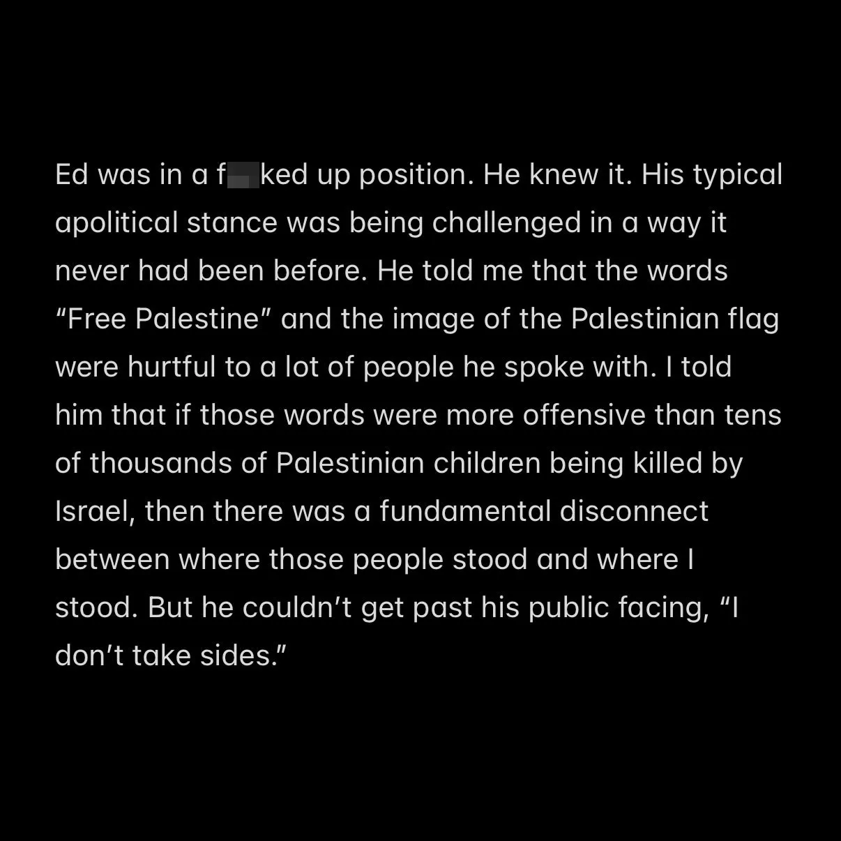 Macklemore's statement on his Instagram account discussing his political stance regarding Palestine and Israel.