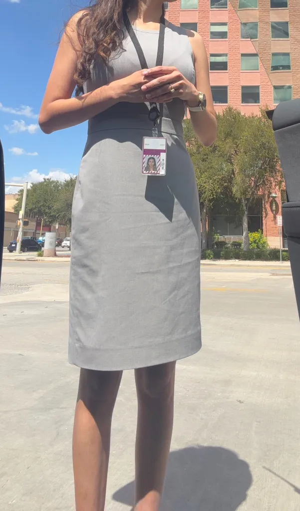 Defense lawyer Mariah Medina poses in the dress she was wearing when she was kicked out of court by a judge during a session inside Bexar County Court on Sept. 21, 2026.