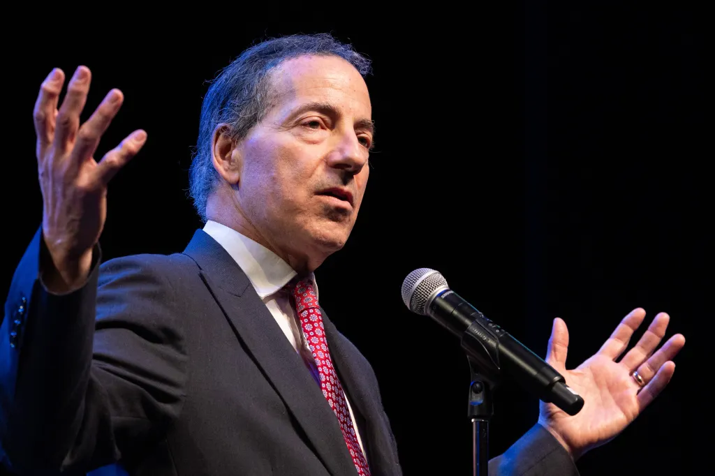 Maryland Democratic Congressman Jamie Raskin holds a town hall meeting at the Patchogue Theater for The Performing Arts on May 3, 2025, in Patchogue, NY.