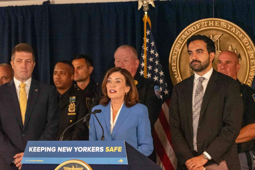 Mayor Zohran Mamdani and Governor Kathy Hochul at a press conference.