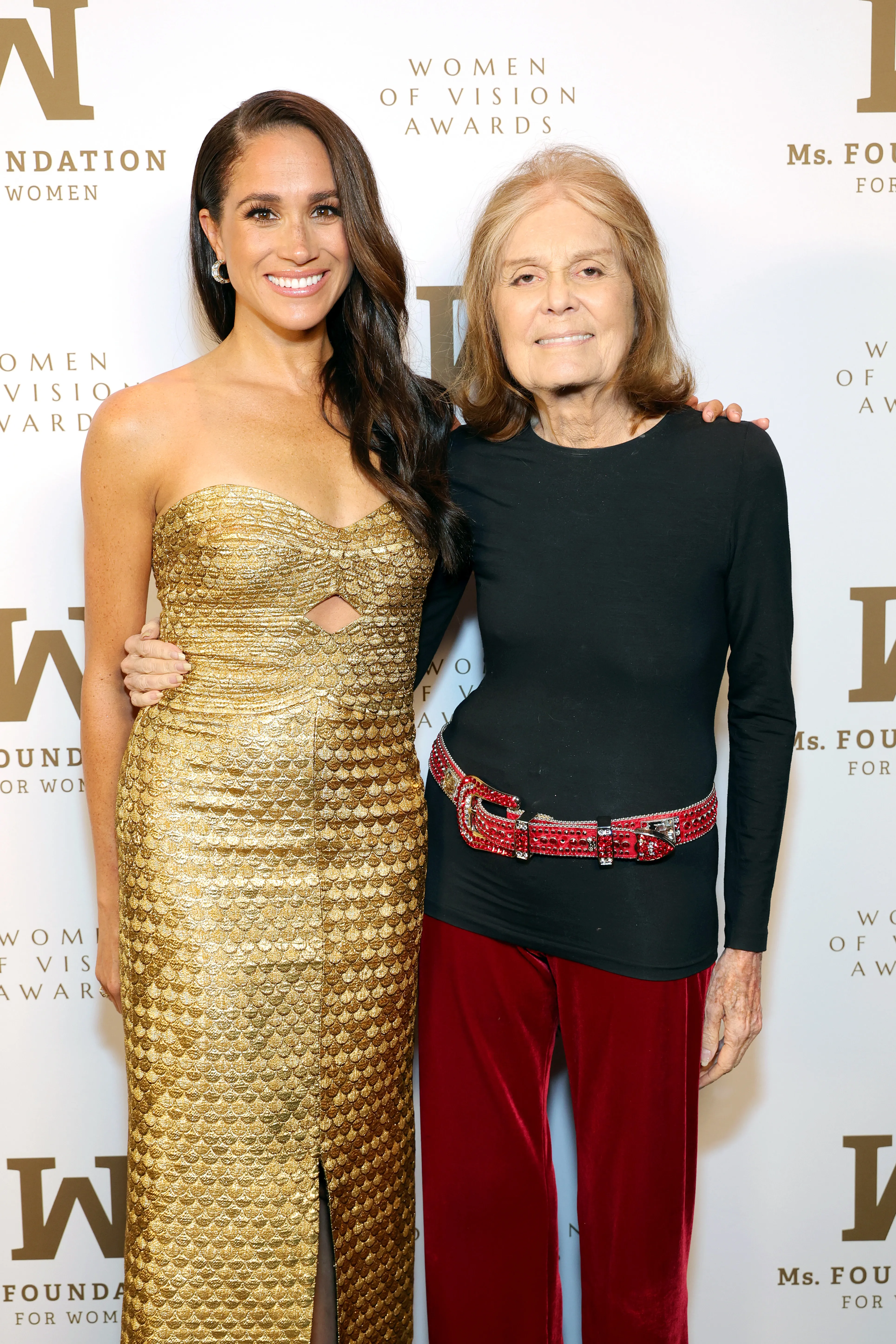 Meghan, The Duchess of Sussex, and Gloria Steinem pose for a photo at the Ms. Foundation Women of Vision Awards.