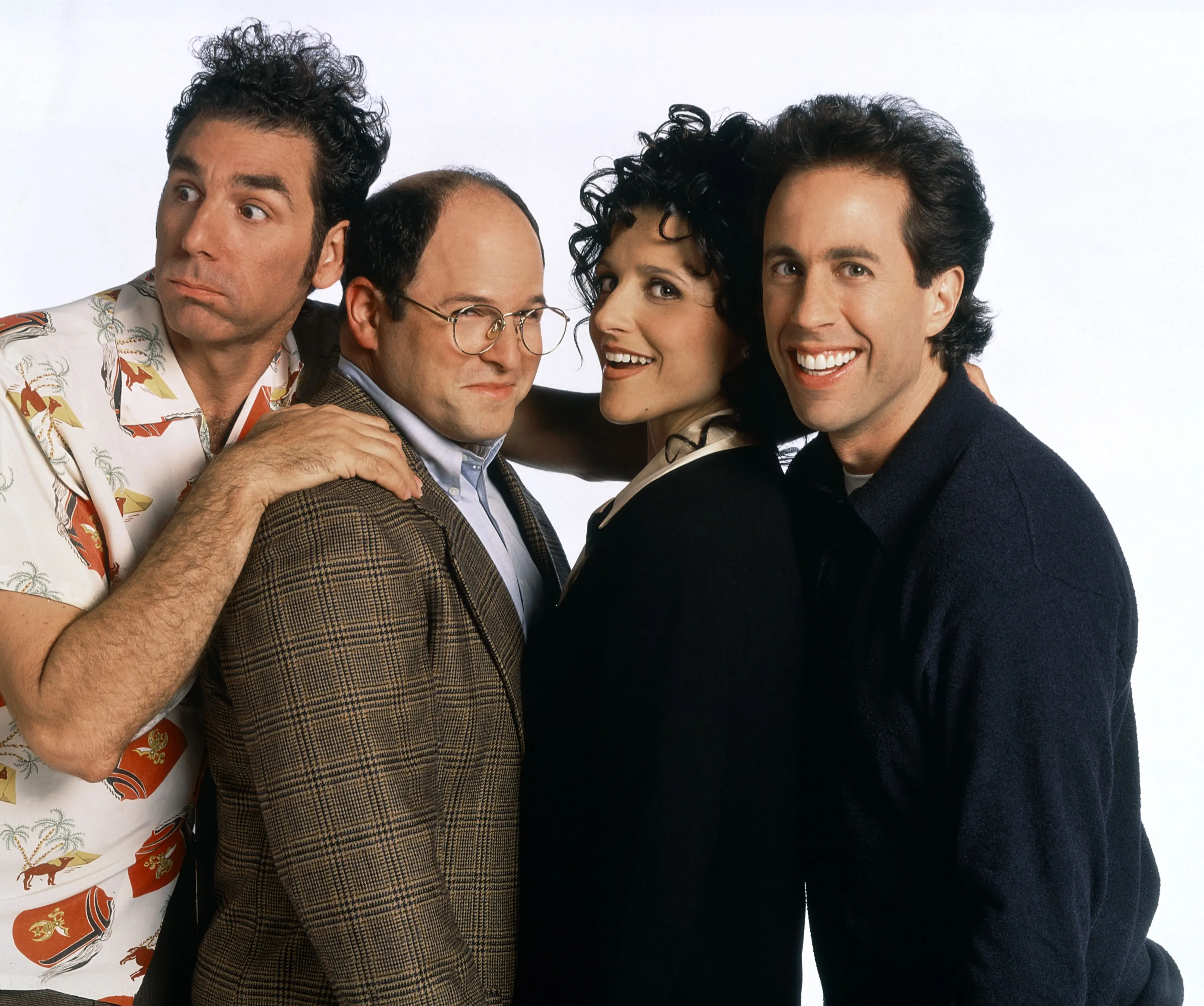 Cast shot of Michael Richards, Jason Alexander, Julia Louis-Dreyfus, and Jerry Seinfeld from Seinfeld.