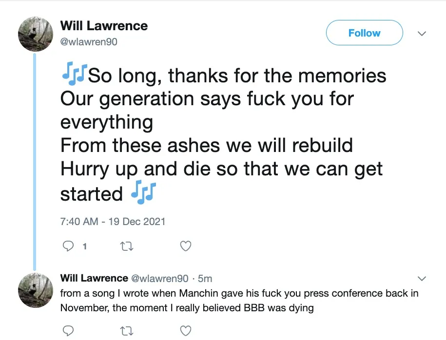 Screenshot of a tweet by Will Lawrence expressing a desire for centrist Democrats to 