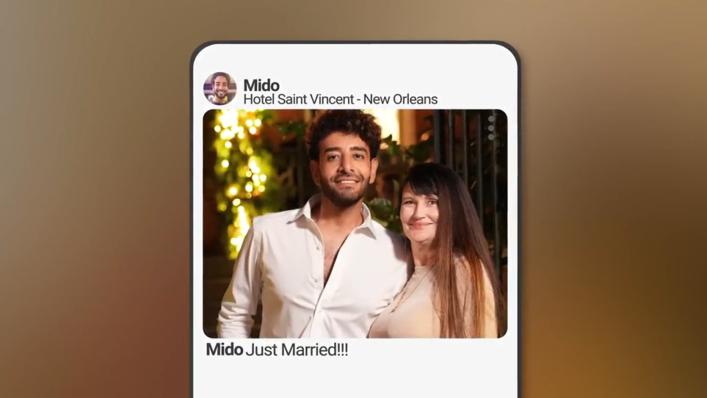 A social media post with a photo of a man and a woman, captioned 