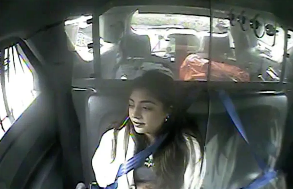 Milania Giudice sitting in the back of a vehicle with a blue seatbelt across her.