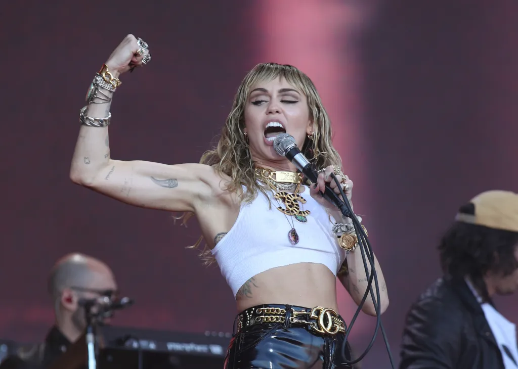 Miley Cyrus performing at the Glastonbury Festival.