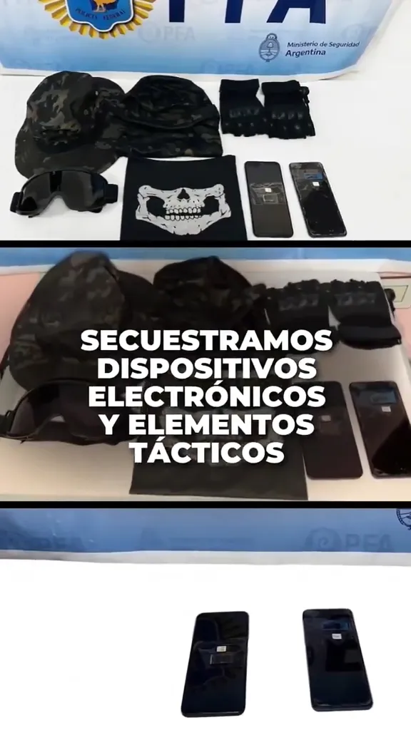 Tactical gear and electronic devices seized during an investigation.