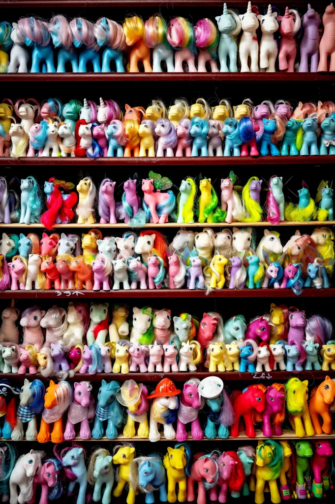 A multi-shelf display of hundreds of My Little Pony figurines in various colors.