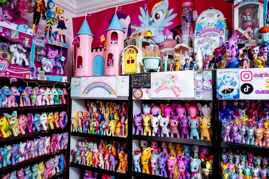Mirandia Worby's My Little Pony collection, including rows of figurines, dolls, a pink castle, and various merchandise.