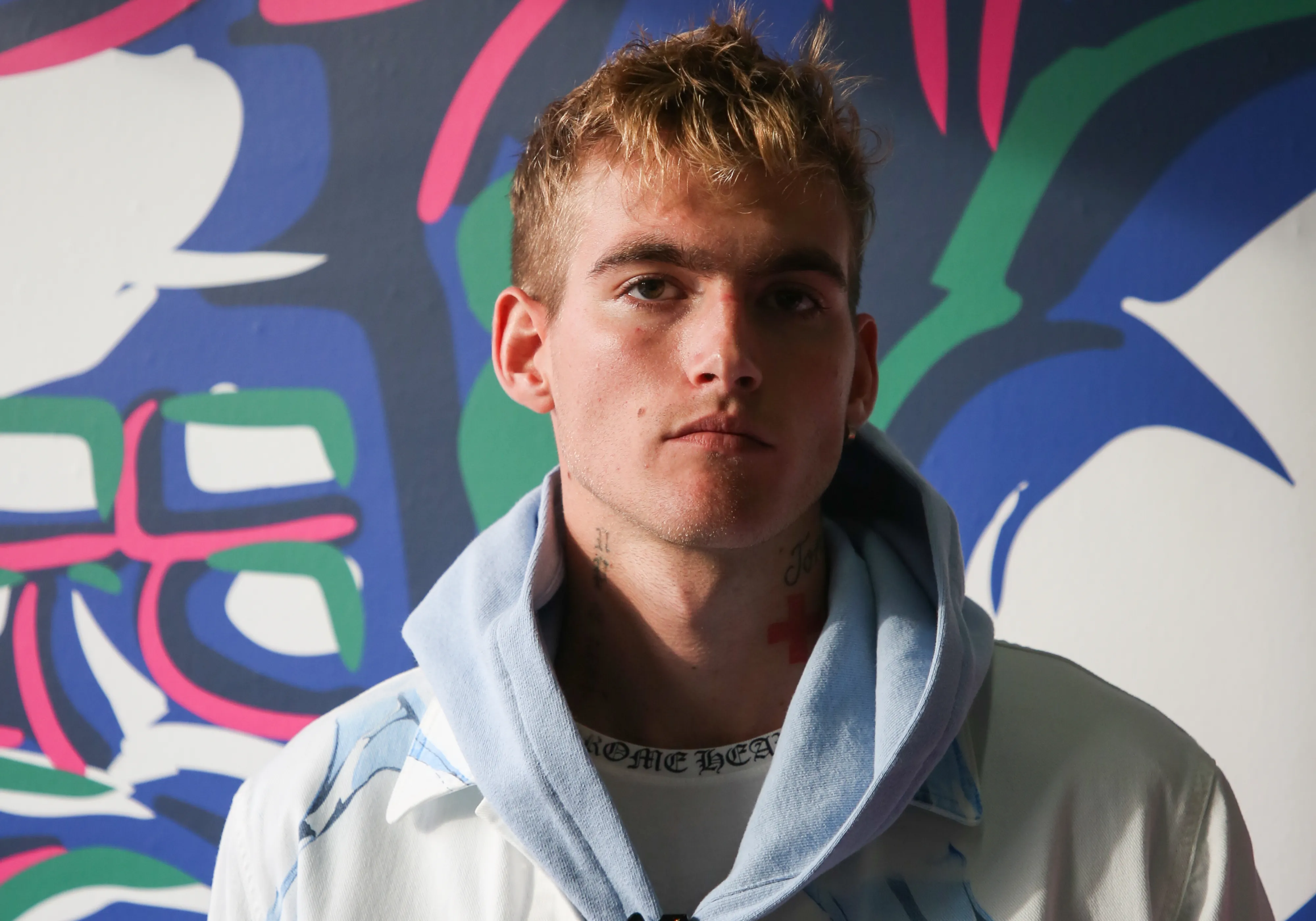 Model Presley Gerber posing in a light blue and white shirt with a colorful background.