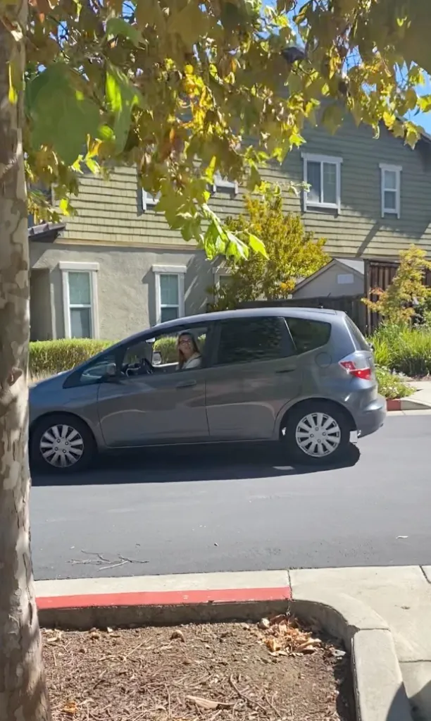 A woman sitting in a grey car parked in a residential neighborhood.