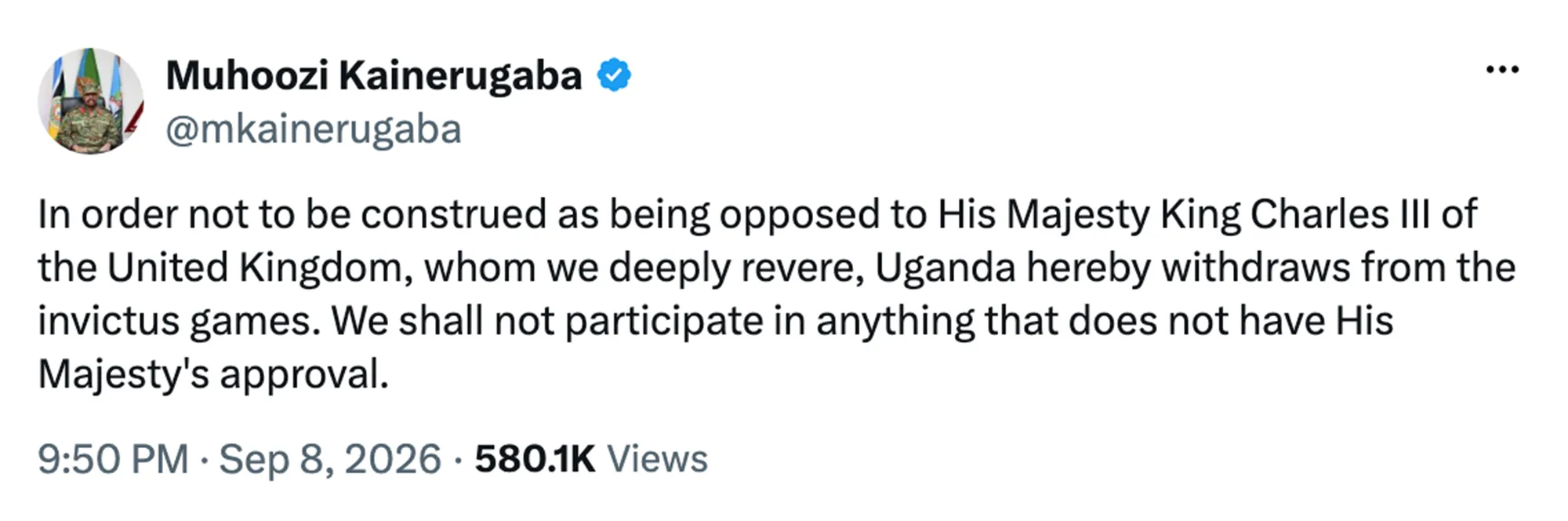 Muhoozi Kainerugaba's tweet