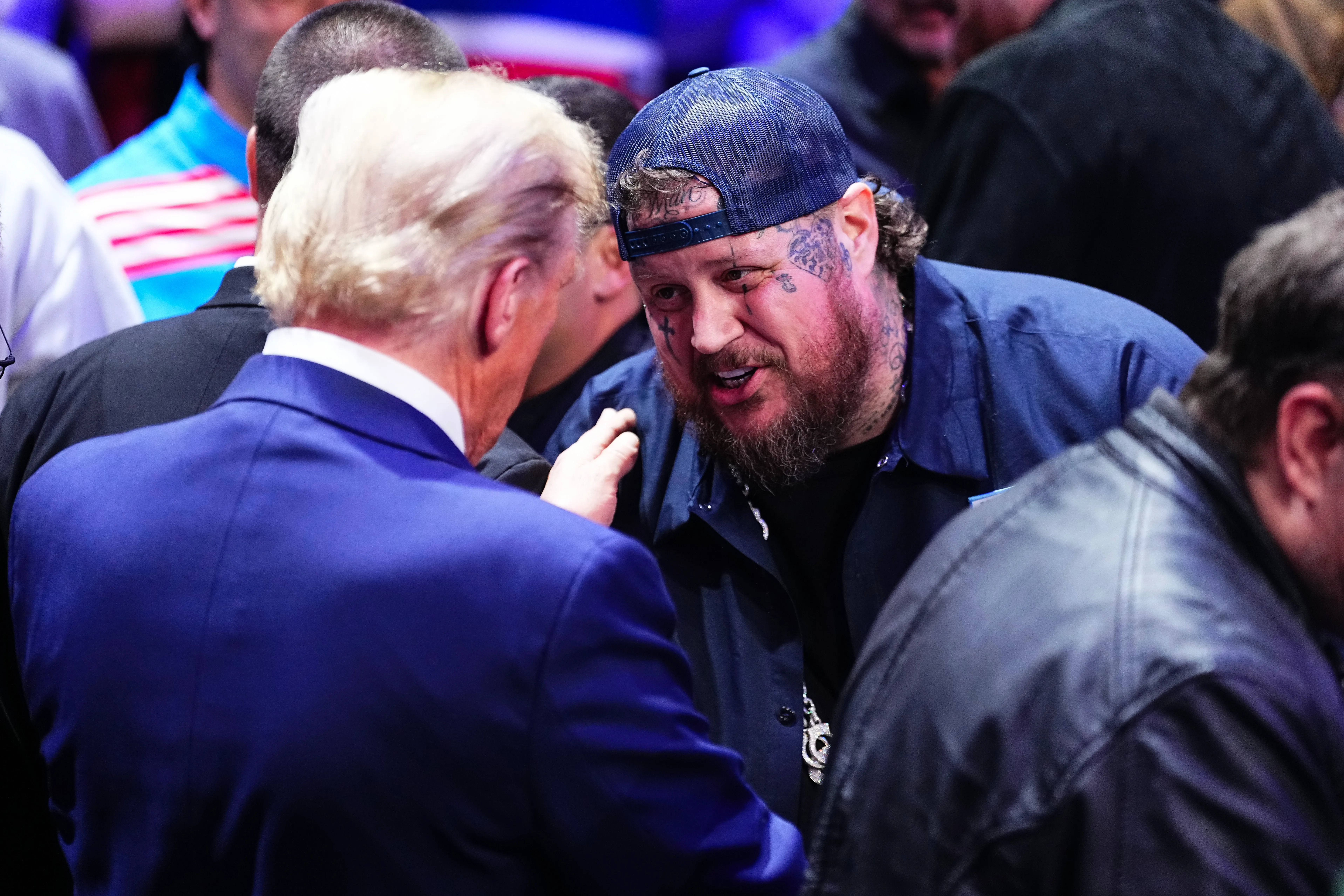 Jelly Roll shakes hands with President-elect Donald Trump during the UFC 309 event at Madison Square Garden on November 16, 2024 in New York City.