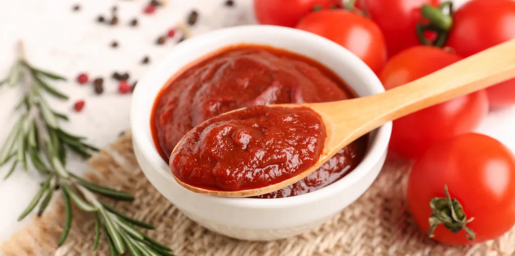 Tomato paste in a white bowl with a wooden spoon and fresh tomatoes, rosemary, and peppercorns on a burlap napkin.
