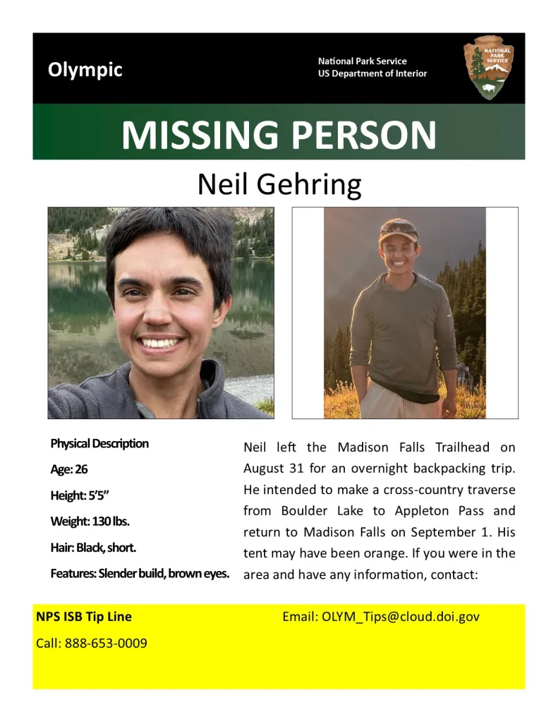 Missing person poster for Neil Gehring with two photos, physical description, and trip details.