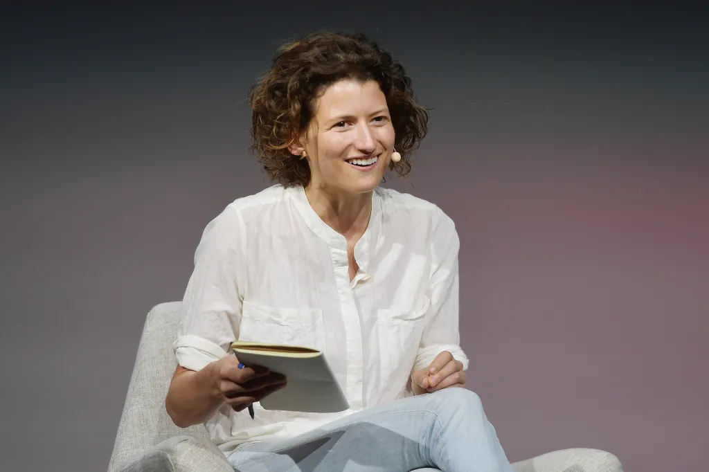 Nellie Bowles speaking onstage at the Dropbox Work In Progress Conference.